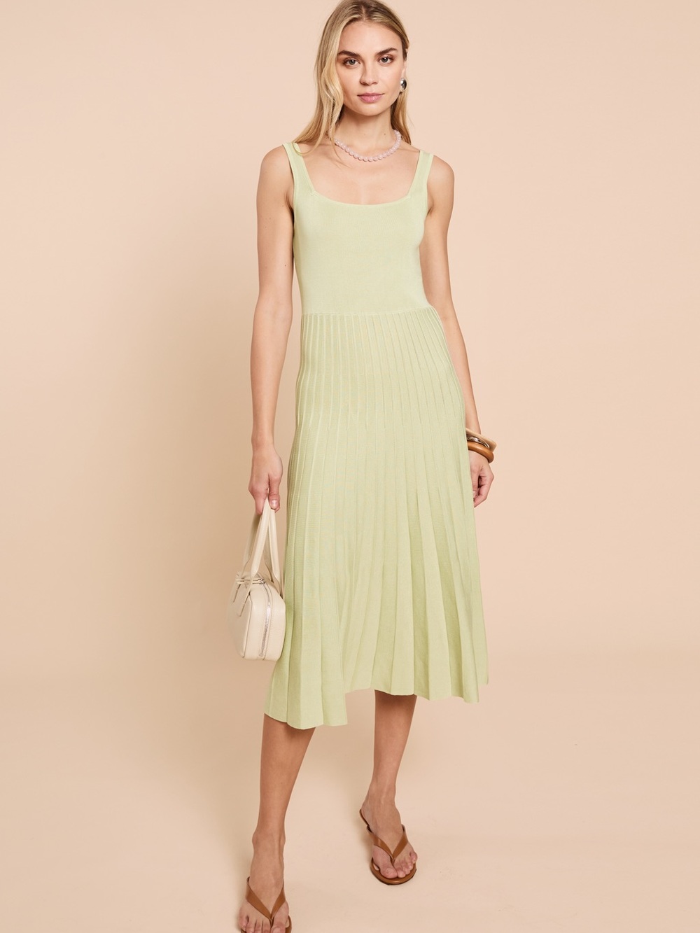 Sleeveless Backless Pleated Midi Dress in Light Green